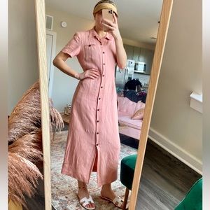 Vintage linen pink summer dress button down midi